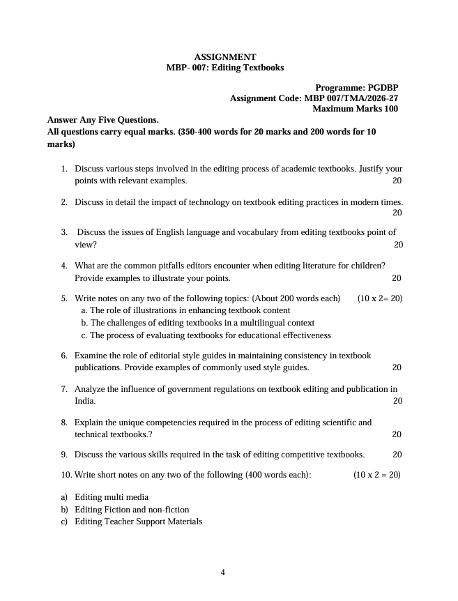 MBP-007 Editing Textbooks Assignment 2026-27 is for IGNOU Post Graduate Diploma in Book Publishing (PGDBP) students. Check the assignment details and important questions.