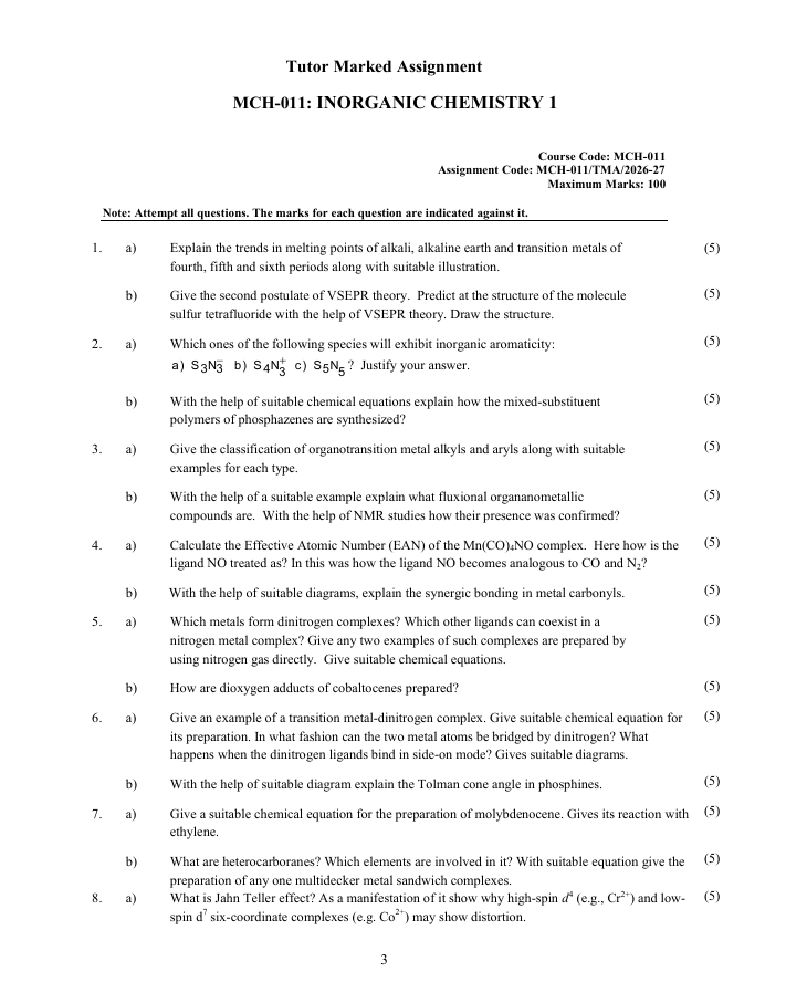 MCH-011 Inorganic Chemistry 1 Assignment 2026-27 is for IGNOU MSCCHEM students. Check the assignment details and important questions.