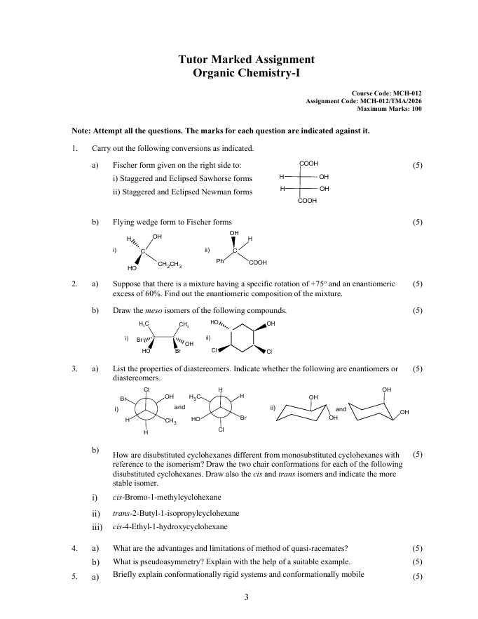 MCH-012 Organic Chemistry-I Assignment 2026-27 is for IGNOU MSCCHEM and MSCANCHEM students. Check the assignment details and important questions.