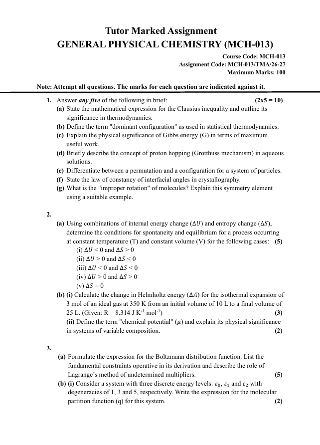 MCH-013 General Physical Chemistry Assignment 2026-27 is for IGNOU MSCCHEM and MSCANCHEM students. Check the assignment details and important questions.