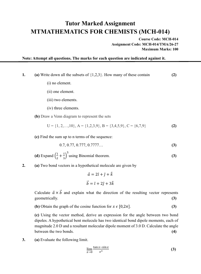 MCH-014 Mathematics for Chemists Assignment 2026-27 is for IGNOU MSCCHEM and MSCANCHEM students. Check the assignment details and important questions.