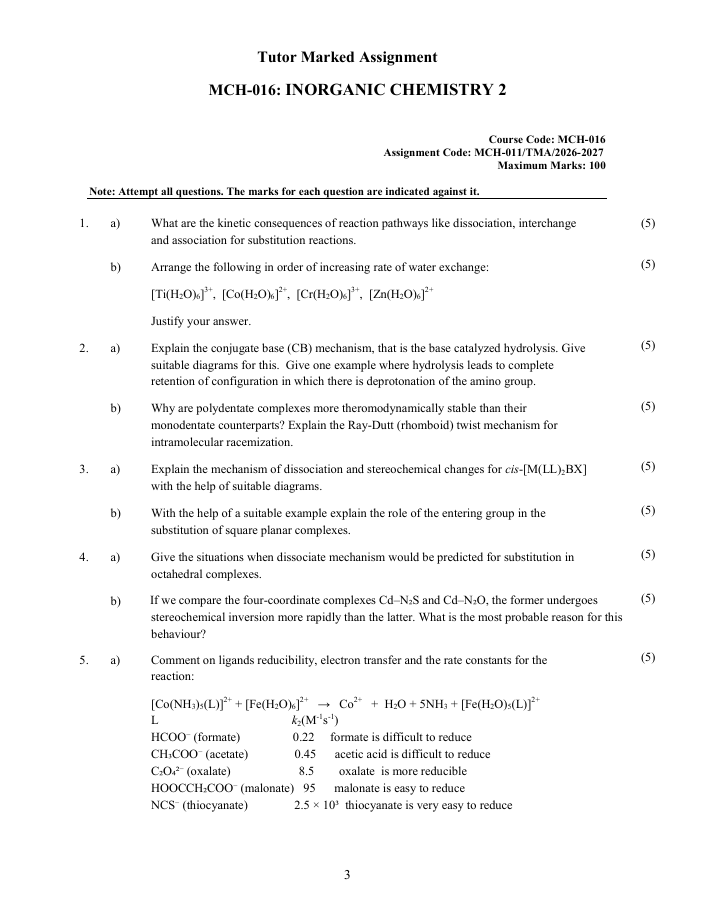 MCH-016 Inorganic Chemistry 2 Assignment 2026-27 is for IGNOU MSCCHEM students. Check the assignment details and important questions.