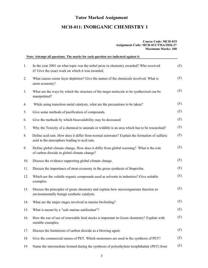 MCH 019 MCH-019 Green Chemistry Assignment 2026-27 is for IGNOU MSCCHEM and MSCANCHEM students. Check the assignment details and important questions.