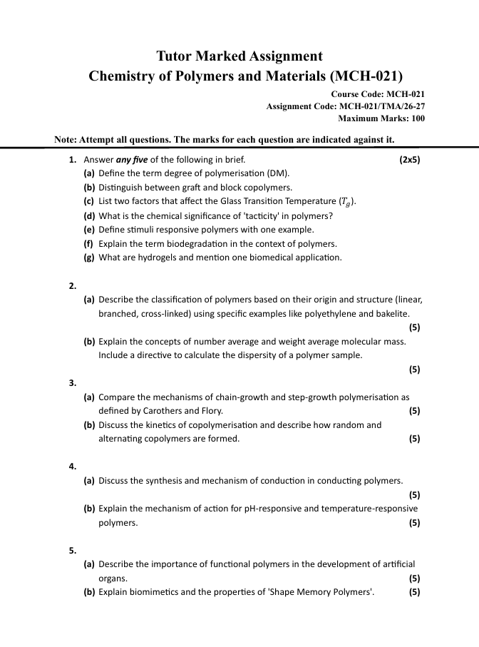 MCH 021 MCH-021 Chemistry of Polymers and Materials Assignment 2026-27 is for IGNOU MSCCHEM students. Check the assignment details and important questions.