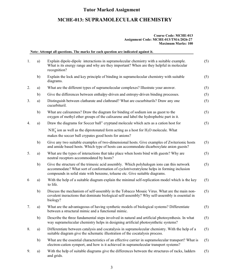 MCHE 013 MCHE-013 Supramolecular Chemistry Assignment 2026-27 is for IGNOU MSCCHEM students. Check the assignment details and important questions.