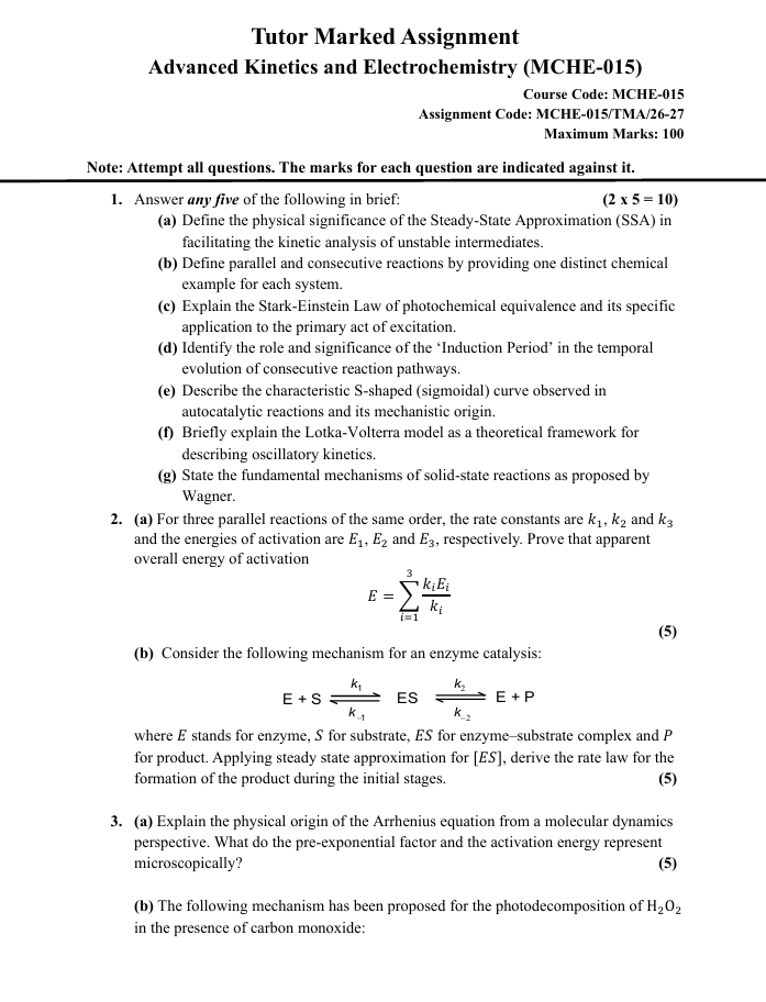 MCHE 015 MCHE-015 Advanced Kinetics and Electrochemistry Assignment 2026-27 is for IGNOU MSCCHEM students. Check the assignment details and important questions.