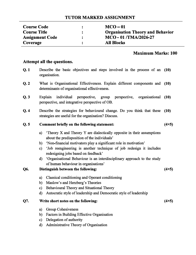 MCO-01 Organisation Theory and Behaviour Assignment 2026-27 for IGNOU M.Com (BP & CG) students under the ICSI collaborative programme, covering July 2026 and January 2027 sessions.