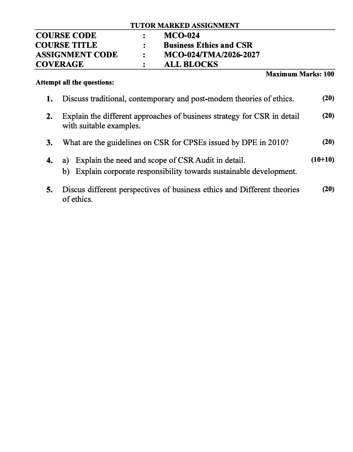 MCO 024 MCO-024 Business Ethics and CSR Assignment 2026-27 for IGNOU M.Com Second Semester students, covering July 2026 and January 2027 sessions.