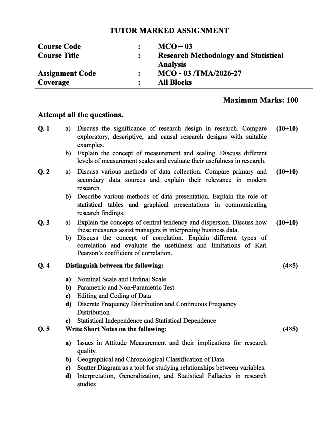 MCO-03 Research Methodology and Statistical Analysis Assignment 2026-27 for IGNOU M.Com (BP & CG) students, covering July 2026 and January 2027 sessions.