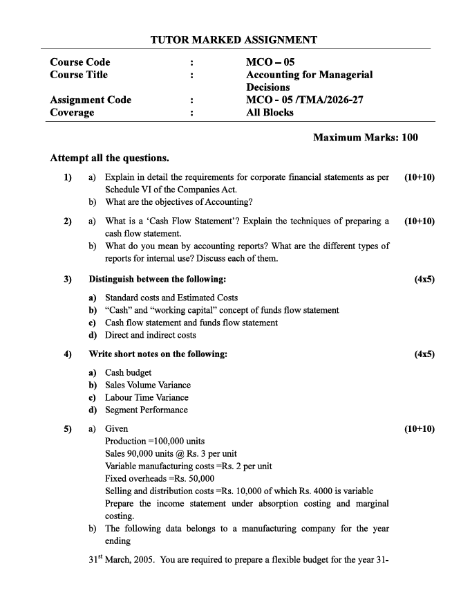 MCO-05 Accounting for Managerial Decisions Assignment 2026-27 for IGNOU M.Com (BP & CG) students, covering July 2026 and January 2027 sessions.