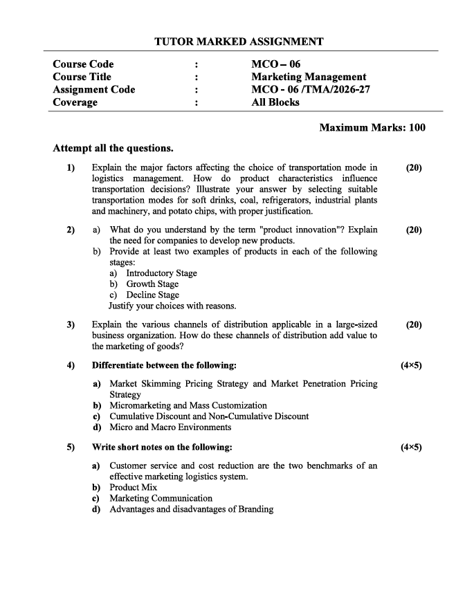 MCO-06 Marketing Management Assignment 2026-27 for IGNOU M.Com (BP & CG) students, covering July 2026 and January 2027 sessions.