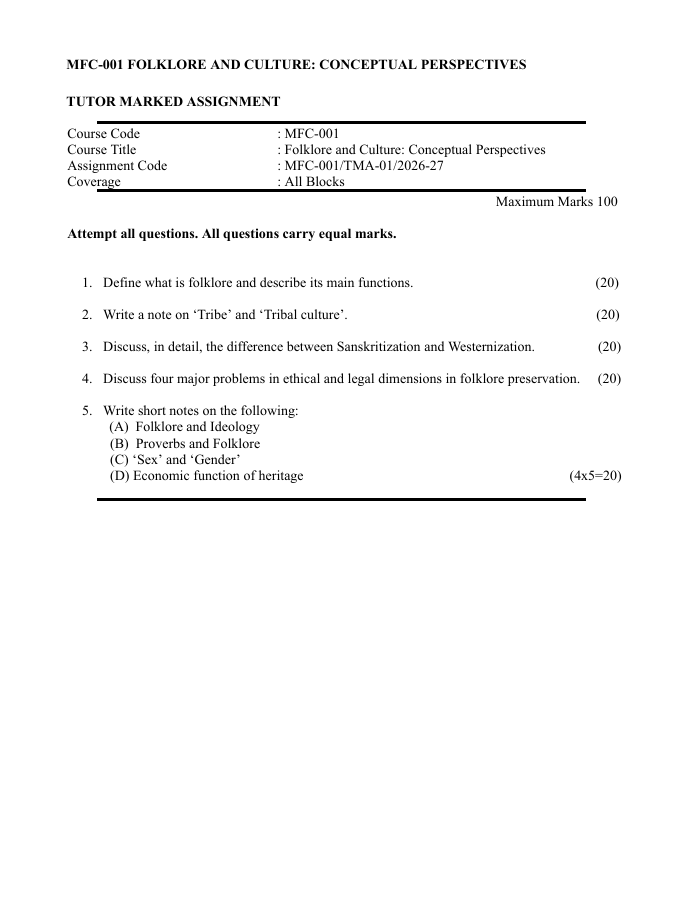MFC-001 Folklore and Culture: Conceptual Perspectives Assignment 2026-27 for IGNOU MAFCS students. Check assignment details and important questions.