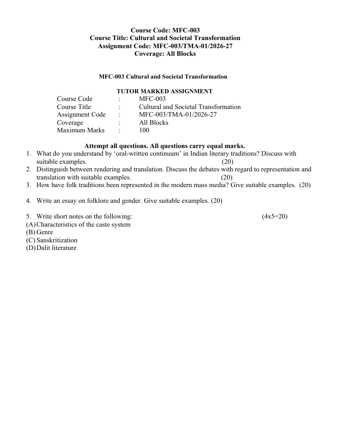 MFC-003 Cultural and Societal Transformation Assignment 2026-27 for IGNOU MAFCS students. Check assignment details and important questions.