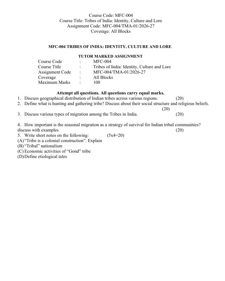 MFC-004 Tribes of India: Identity, Culture and Lore Assignment 2026-27 for IGNOU MAFCS students. Check assignment details and important questions.