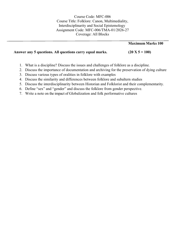 MFC-006 Folklore: Canon, Multimediality, Interdisciplinarity and Social Epistemology Assignment 2026-27 for IGNOU MAFCS students. Check assignment details and important questions.