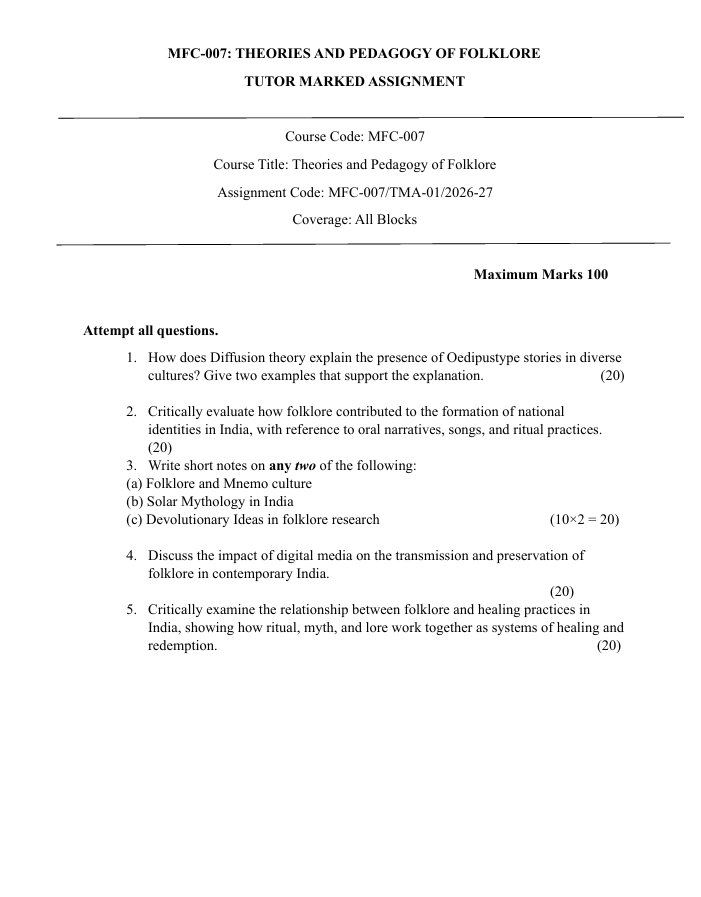 MFC-007 Theories and Pedagogy of Folklore Assignment 2026-27 for IGNOU MAFCS students. Check assignment details and important questions.
