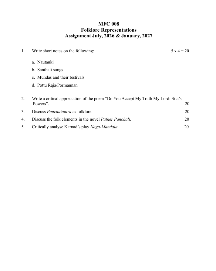 MFC-008 Folklore Representations Assignment 2026-27 for IGNOU MAFCS students. Check assignment details and important questions.