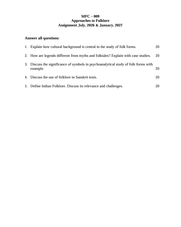 MFC-009 Approaches to Folklore Assignment 2026-27 for IGNOU MAFCS students. Check assignment details and important questions.