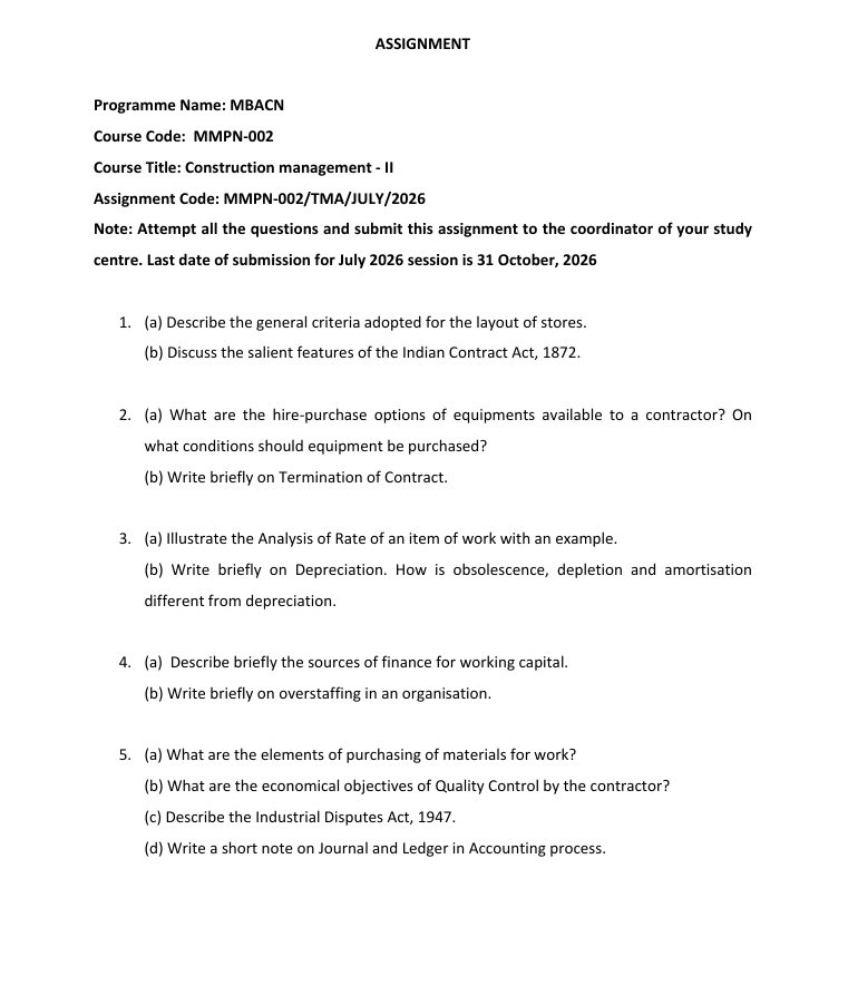 MMPN-002 Construction Management-II Assignment 2026-27 is for IGNOU MBACN students. Check the assignment details and submission date.