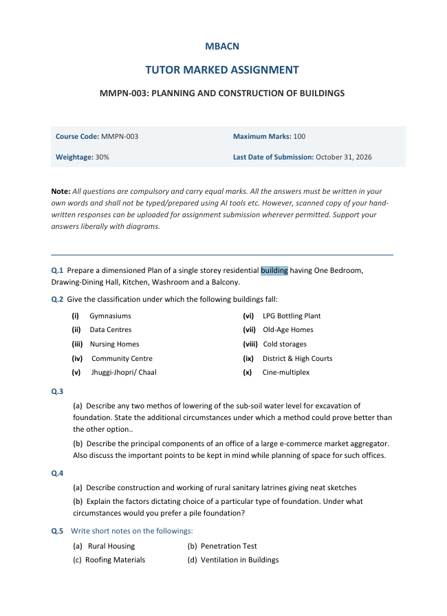 MMPN-003 Planning and Construction of Buildings Assignment 2026-27 is for IGNOU MBACN students. Check the assignment details and submission date.