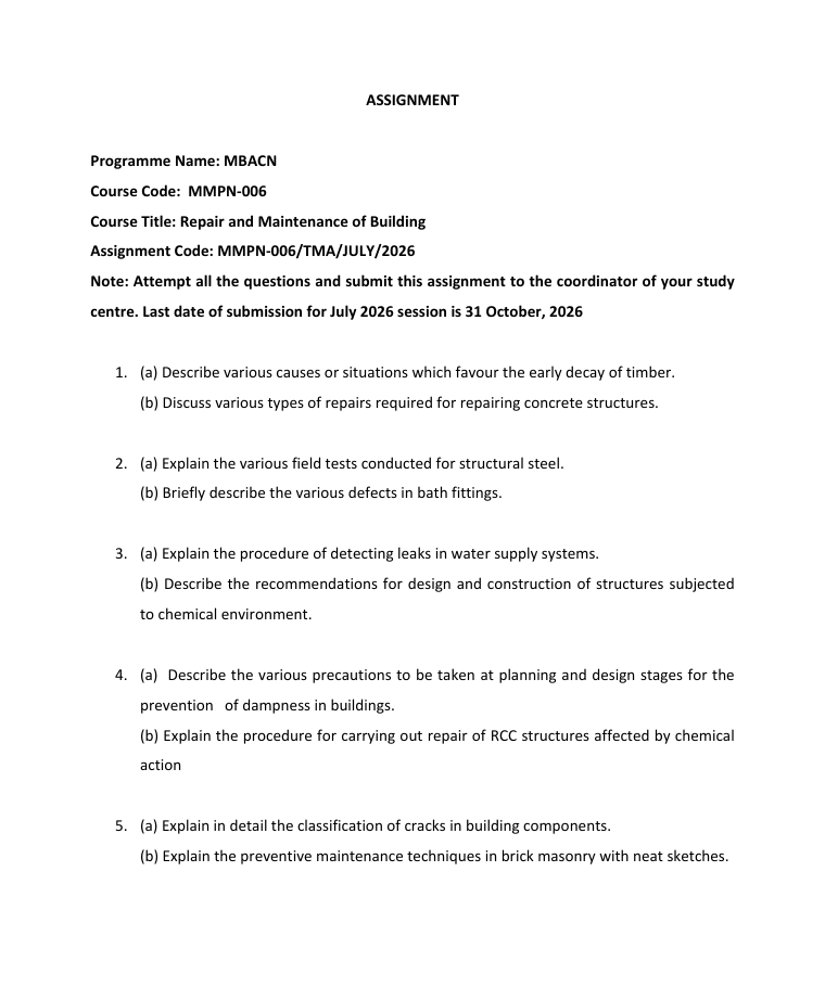 MMPN-006 Repair and Maintenance of Building Assignment 2026-27 is for IGNOU MBACN students. Check the assignment details and submission date.