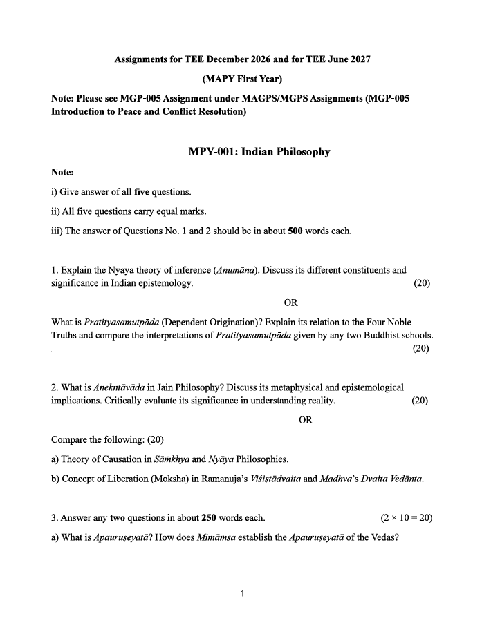 MPY-001 Indian Philosophy Assignment 2026-27 is for IGNOU MAPY first-year students. The assignment is applicable for TEE December 2026 and TEE June 2027.