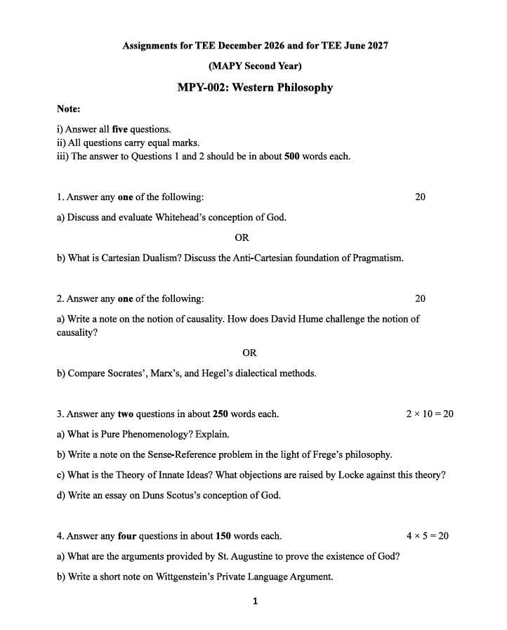 MPY-002 Western Philosophy Assignment 2026-27 is for IGNOU Master of Arts in Philosophy (MAPY) second-year students. The assignment is applicable for TEE December 2026 and TEE June 2027.