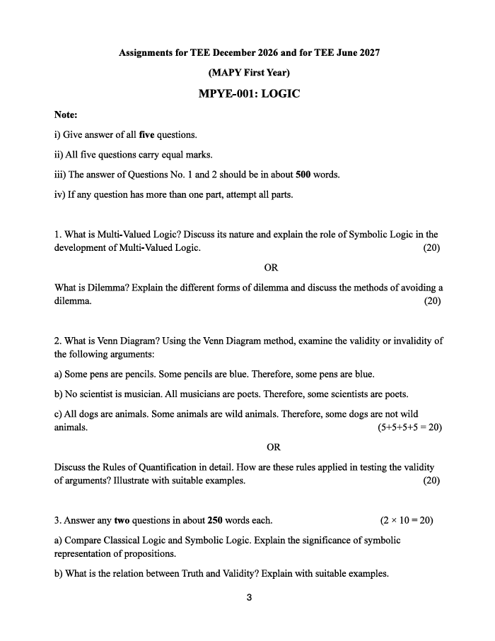 MPYE-001 Logic Assignment 2026-27 is for IGNOU Master of Arts in Philosophy (MAPY) first-year students. The assignment is applicable for TEE December 2026 and TEE June 2027.