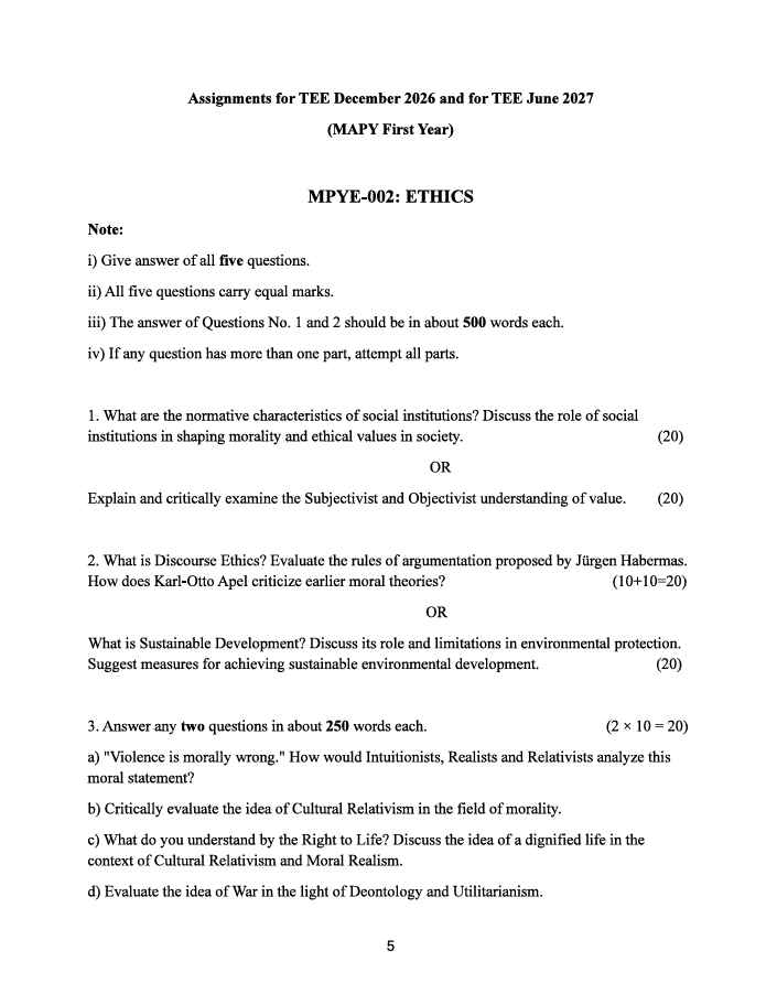 MPYE-002 Ethics Assignment 2026-27 is for IGNOU MAPY first-year students appearing in TEE December 2026 and TEE June 2027.
