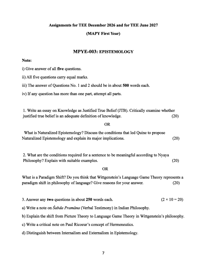MPYE-003 Epistemology Assignment 2026-27 is for IGNOU MAPY first-year students appearing in TEE December 2026 and TEE June 2027.