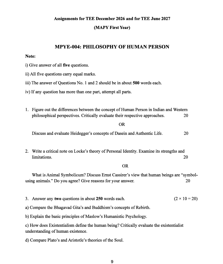 MPYE-004 Philosophy of Human Person Assignment 2026-27 is for IGNOU MAPY first-year students appearing in TEE December 2026 and TEE June 2027.