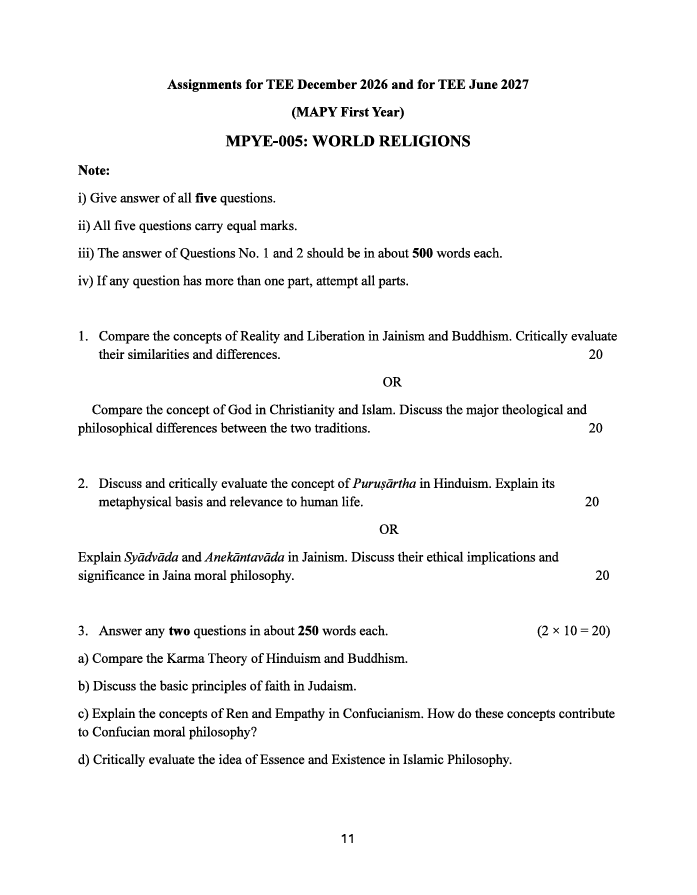 MPYE-005 World Religions Assignment 2026-27 is for IGNOU MAPY first-year students appearing in TEE December 2026 and TEE June 2027.