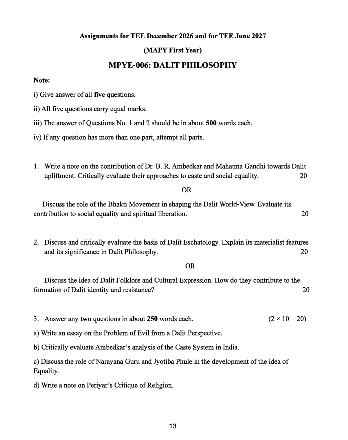 MPYE-006 Dalit Philosophy Assignment 2026-27 is for IGNOU MAPY first-year students appearing in TEE December 2026 and TEE June 2027.