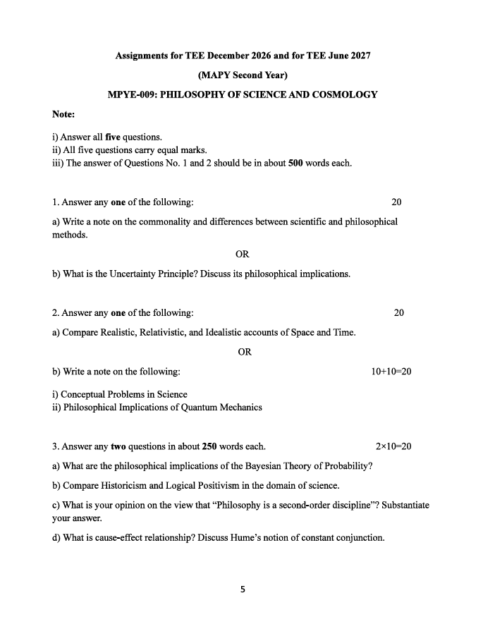 MPYE 009 MPYE-009 Philosophy of Science and Cosmology Assignment 2026-27 is for IGNOU Master of Arts in Philosophy (MAPY) Second Year students appearing in TEE December 2026 and TEE June 2027.