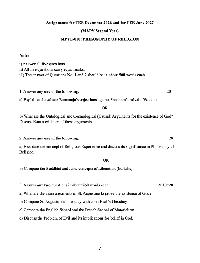 MPYE 010 MPYE-010 Philosophy of Religion Assignment 2026-27 is for IGNOU Master of Arts in Philosophy (MAPY) Second Year students appearing in TEE December 2026 and TEE June 2027.