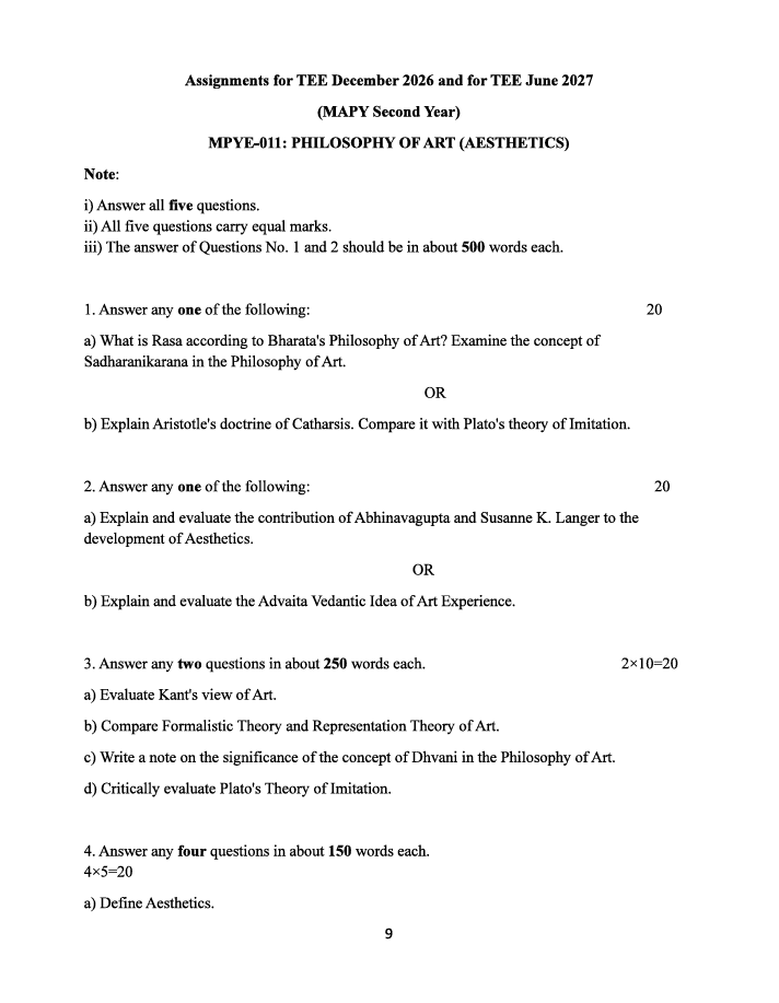 MPYE-011 Philosophy of Art (Aesthetics) Assignment 2026-27 is for IGNOU Master of Arts in Philosophy (MAPY) Second Year students appearing in TEE December 2026 and TEE June 2027.