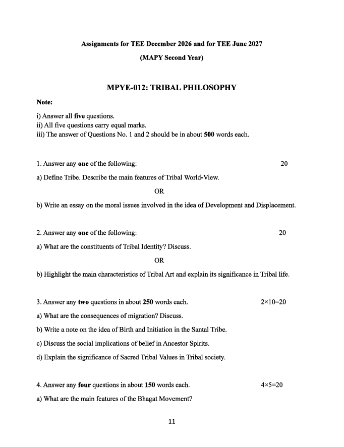 MPYE-012 Tribal Philosophy Assignment 2026-27 is for IGNOU Master of Arts in Philosophy (MAPY) Second Year students appearing in TEE December 2026 and TEE June 2027.