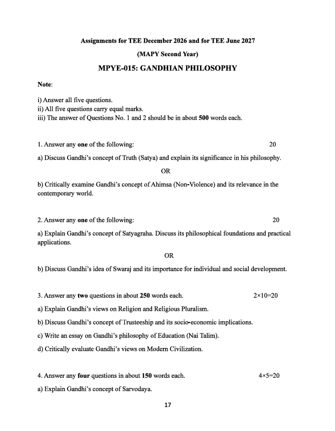 MPYE-015 Gandhian Philosophy Assignment 2026-27 for IGNOU MAPY Second Year students, covering TEE December 2026 and June 2027.