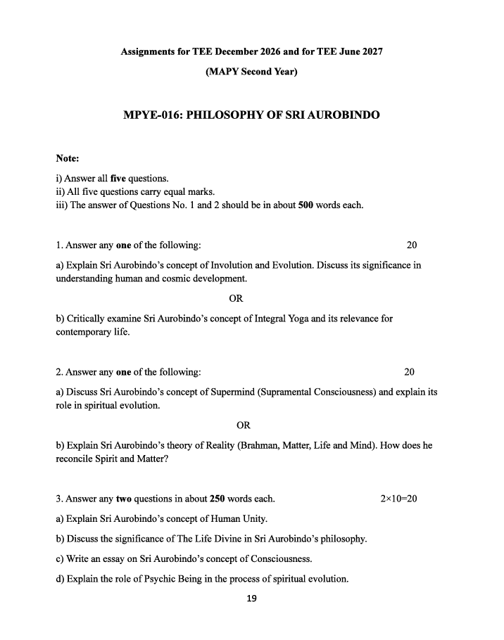 MPYE-016 Philosophy of Sri Aurobindo Assignment 2026-27 for IGNOU MAPY Second Year students, covering TEE December 2026 and June 2027.