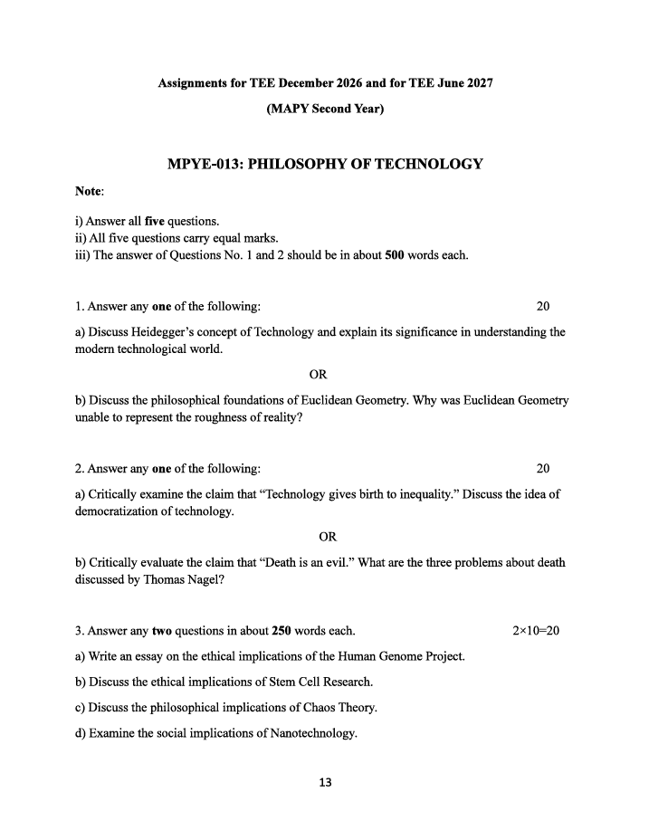 MPYE-013 Philosophy of Technology Assignment 2026-27 is for IGNOU Master of Arts in Philosophy (MAPY) Second Year students appearing in TEE December 2026 and TEE June 2027.