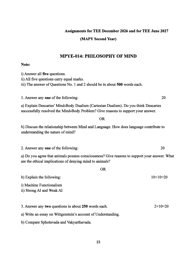 MPYE-014 Philosophy of Mind Assignment 2026-27 for IGNOU MAPY Second Year students, covering TEE December 2026 and June 2027.