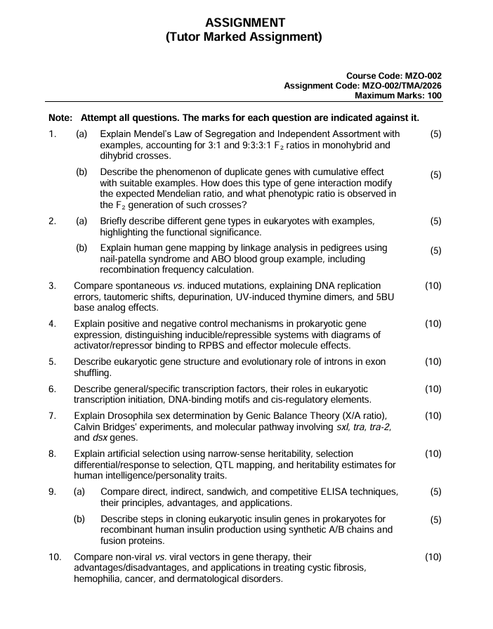 MZO-002 Genetics and Animal Biotechnology Assignment 2026 is for IGNOU students enrolled in the M.Sc. Zoology (MSCZOO) programme. The Tutor Marked Assignment is valid from 1 January 2026 to 31 December 2026 and carries 100 marks.