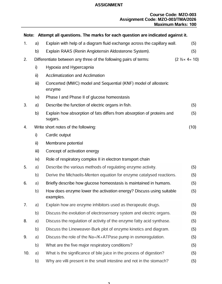 MZO-003 Comparative Animal Physiology and Biochemistry Assignment 2026 is for IGNOU students enrolled in the M.Sc. Zoology (MSCZOO) programme. The assignment is valid from 1 January 2026 to 31 December 2026 and carries 100 marks.