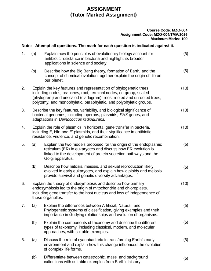 MZO-004 Systematics, Biodiversity and Evolution Assignment 2026 is for IGNOU students enrolled in the M.Sc. Zoology (MSCZOO) programme. This Tutor Marked Assignment is valid from 1 January 2026 to 31 December 2026 and carries 100 marks.