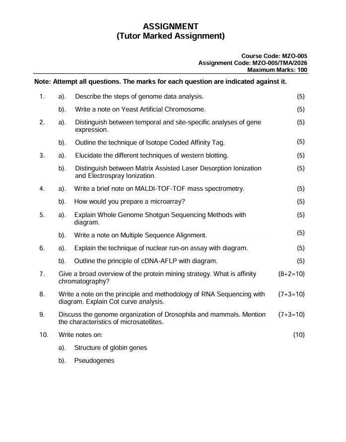 MZO-005 Genomics and Proteomics Assignment 2026 is for IGNOU students enrolled in the M.Sc. Zoology (MSCZOO) programme. This Tutor Marked Assignment is valid from 1 January 2026 to 31 December 2026 and carries 100 marks.