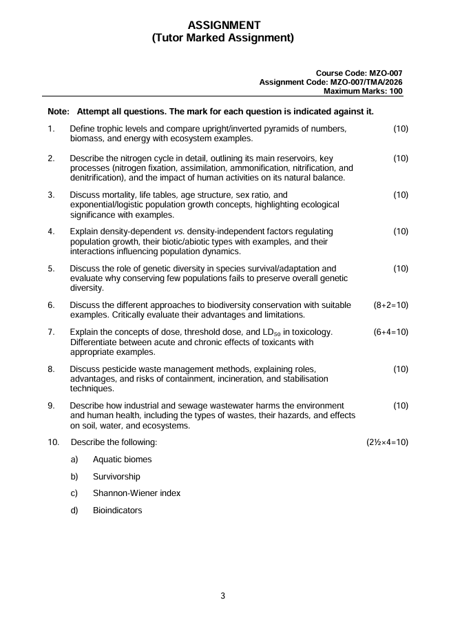 MZO-007 Principles of Ecology Assignment 2026 is for IGNOU M.Sc. Zoology (MSCZOO) students. This Tutor Marked Assignment (TMA) is valid from 1 January 2026 to 31 December 2026 and carries 100 marks.