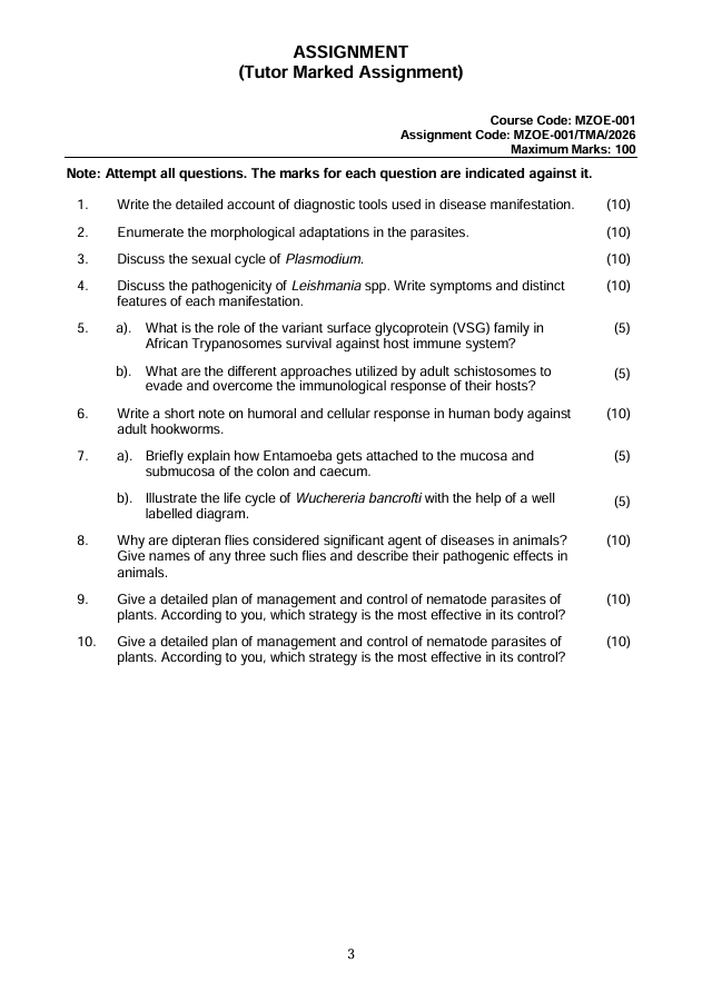 MZOE-001 Parasitology Assignment 2026 is for IGNOU M.Sc. Zoology (MSCZOO) students. This Tutor Marked Assignment (TMA) is valid from 1 January 2026 to 31 December 2026 and carries 100 marks.