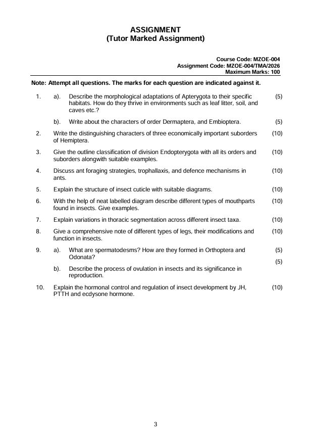MZOE-004 Insect Taxonomy and Morphology Assignment 2026 is for IGNOU M.Sc. Zoology (MSCZOO) students. This Tutor Marked Assignment (TMA) carries 100 marks and is valid from 1 January to 31 December 2026.
