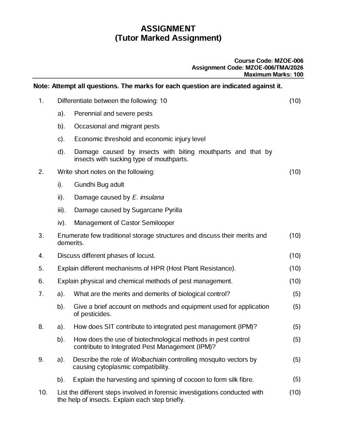 MZOE-006 Applied Entomology Assignment 2026 is for IGNOU M.Sc. Zoology (MSCZOO) students. This Tutor Marked Assignment (TMA) carries 100 marks and is valid from 1 January to 31 December 2026.